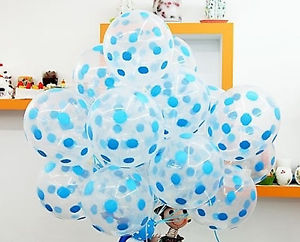 ลูกโป่งกลมสีใส พิมพ์ลายจุดฟ้า ไซส์ 12 นิ้ว แพ็คละ 10 ใบ