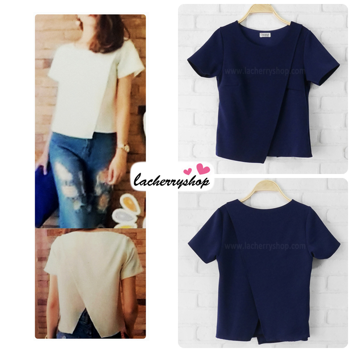 เสื้อแฟชั่นสวยๆ ผ้าฮานาโกะ สีกรมท่า ดีไซน์ผ้าป้ายหน้า-หลังเก๋ๆ แบบยอดนิยม สวยเรียบหรู