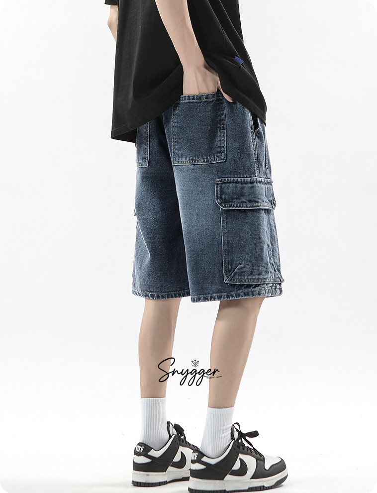 กางเกงยีนส์คาร์โก้วินเทจ เอวยืด สีน้ำเงินเทา