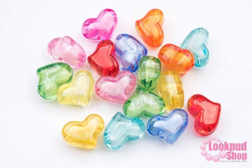 ลูกปัดพลาสติก คละสีสอดไส้ หัวใจ 15x21มิล (1ถุง/500กรัม)