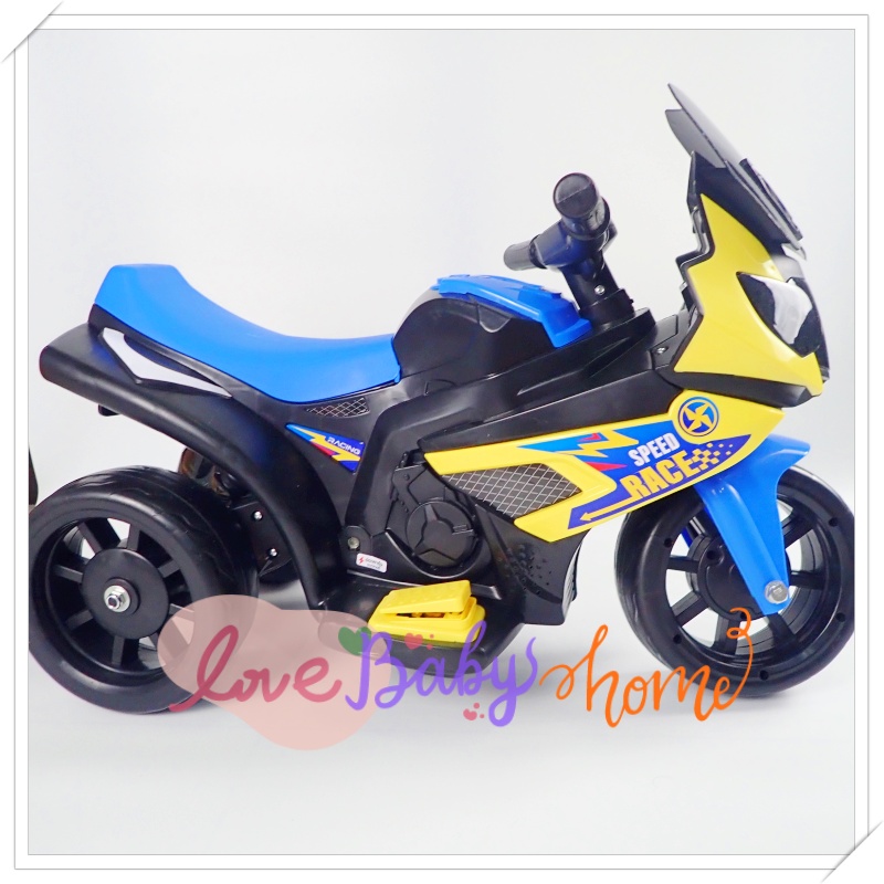 💙💛 รถมอเตอร์ไซค์เด็กไฟฟ้า 3 ล้อ สีฟ้า-เหลือง รุ่น Speed Race 💛💙