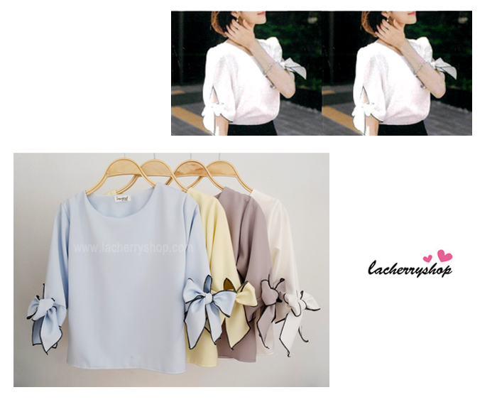 เสื้อแฟชั่นผ้าฮานาโกะ แบบสวยเรียบหรู สีขาว แขนสามส่วนผูกโบว์ สไตล์เกาหลีน่ารักๆ ผ้าฮานาโกะเนื้อดี ใส่สบาย ใส่ทำงาน ใส่เที่ยวได้ทุกโอกาส