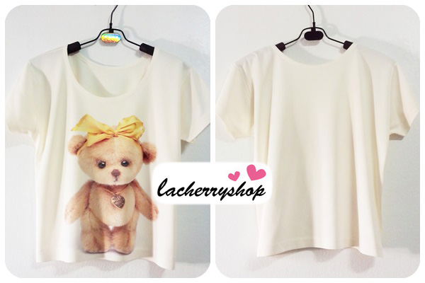 เสื้อยืด เสื้อสกรีน เสื้อแฟชั่น สีครีม ลายตุ๊กตาหมี Teddy Bear ผูกโบว์น่ารักๆ สไตล์วินเทจค่ะ