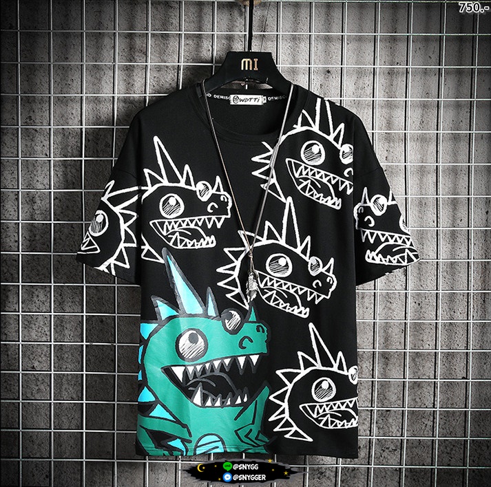 เสื้อยืดลายไดโนเสาร์คลูๆ สีดำ