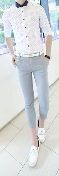 เสื้อเชิ้ตแขนสั้น ปกเล็ก แฟชั่นพับศอก แต่งพิ้นลาย สีขาวปกน้ำเงิน น้ำเงิน No.39