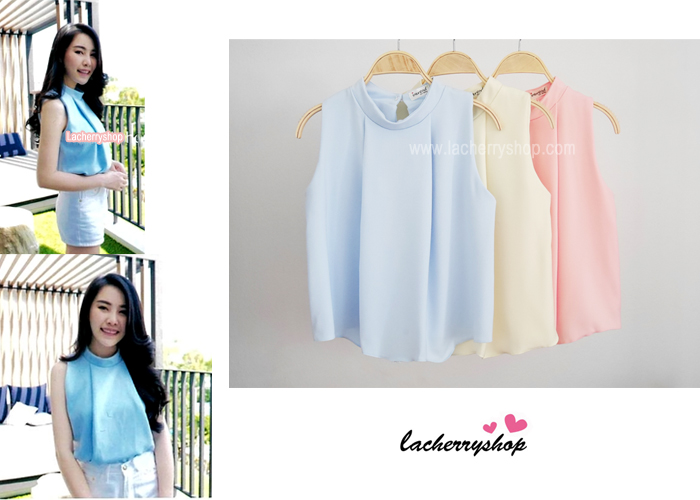 เสื้อแฟชั่นผ้าฮานาโกะ สีนู้ด คอจีน แขนกุด แต่งระบายอก มีกระดุมหลัง แบบสวยเรียบหรู เนื้อผ้าฮานาโกะคุณภาพดี