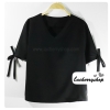 เสื้อแฟชั่น เสื้อทำงาน แบบสวยเรียบหรู คอวี สีดำ แต่งโบว์ที่แขน ใส่ได้ทุกโอกาส ราคาไม่แพง
