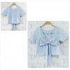 เสื้อแฟชั่นผ้าฮานาโกะ เสื้อครอปวีหลัง(สีฟ้า) แต่งโบว์เก๋ๆ แบบสวยน่ารักมากๆเนื้อผ้าฮานาโกะคุณภาพดี