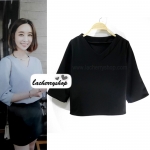 เสื้อผ้าแฟชั่น เสื้อทำงานสีดำ สไตล์เกาหลี คอวี แขนสามส่วน ผ้าฮานาโกะ แบบสวยเรียบหรู ใส่ได้ทุกโอกาส คุณภาพดี ราคาไม่แพง