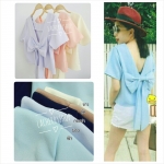 เสื้อแฟชั่นผ้าฮานาโกะ เสื้อครอปวีหลัง(สีม่วง) แต่งโบว์เก๋ๆ แบบสวยน่ารักมากๆเนื้อผ้าฮานาโกะคุณภาพดี