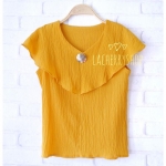 เสื้อแฟชั่น เสื้อทำงาน สีเหลืองมัสตาร์ด แต่งระบายอกพริ้วๆสวยๆ