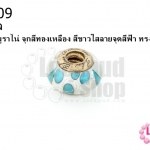 ลูกปัดแก้วมูราโน่ จุกสีทองเหลือง สีขาวใสลายจุดสีฟ้า ทรงล้อรถ 14มิล(1ชิ้น)