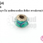 ลูกปัดแก้วมูราโน่ จุกสีทองเหลือง สีเขียว ทรงล้อรถ 14มิล(1ชิ้น)