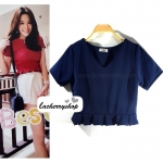 เสื้อแฟชั่น ผ้าฮานาโกะ สีกรมท่า แต่งระบายเอวน่ารักๆ สินค้าคุณภาพ ราคาไม่แพง