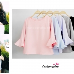 เสื้อแฟชั่น เสื้อทำงาน ผ้าฮานาโกะ สีชมพู แขนกระดิ่งสามส่วน แบบสวยเรียบหรู สินค้าคุณภาพดี