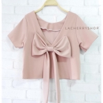 เสื้อแฟชั่นผ้าฮานาโกะ เสื้อครอปวีหลัง(สีนู้ด) แต่งโบว์เก๋ๆ แบบสวยน่ารักมากๆเนื้อผ้าฮานาโกะคุณภาพดี