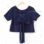 เสื้อแฟชั่นผ้าฮานาโกะ เสื้อครอปวีหลัง(สีกรมท่า) แต่งโบว์เก๋ๆ แบบสวยน่ารักมากๆเนื้อผ้าฮานาโกะคุณภาพดี