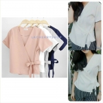 เสื้อแฟชั่นผ้าฮานาโกะ รุ่นป้ายข้าง (สีนู้ด) โบว์เอว แบบสวยเก๋ มีสไตล์ ใส่ได้ทุกโอกาส