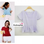 เสื้อแฟชั่น เสื้อทำงาน ผ้าฮานาโกะ สีม่วงอ่อน พาสเทล แต่งระบายเอว แบบสวยเรียบหรู สินค้าคุณภาพดี ราคาย่อมเยา