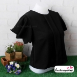 เสื้อผ้าแฟชั่น เสื้อทำงาน ผ้าฮานาโกะ สีดำ แบบสวยเรียบหรู แต่งระบายแขนสวยพริ้ว แบบสวยเรียบร้อย เหมาะกับทุกโอกาส