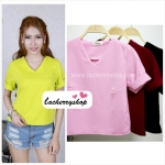 เสื้อแฟชั่น ผ้าฮานาโกะ สีชมพู คอวีพับแขนเก๋ๆ สินค้าคุณภาพ ราคาไม่แพง