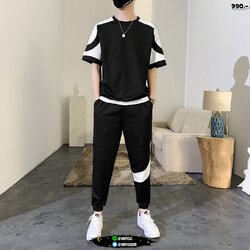 ชุดวอร์มทูโทน เสื้อแขนสั้น+กางเกง สีดำ