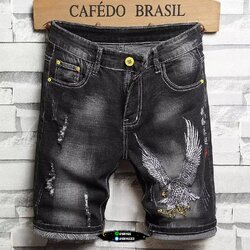 กางเกงยีนส์ขาสั้นฟอก ปักลายอินทรีย์ สีเทาดำ