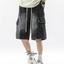 กางเกงยีนส์คาร์โก้วินเทจ เอวยืด สีดำ