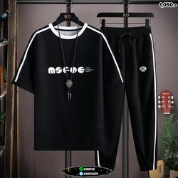 ชุดวอร์มแถบข้าง เสื้อแขนสั้น+กางเกง สีดำ