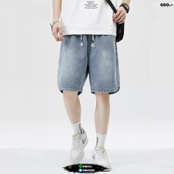 กางเกงยีนส์ขาสั้นแนวสตรีทเอวผูก สียีนส์