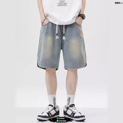 กางเกงยีนส์ขาสั้นแนวสตรีทเอวผูก สียีนส์สนิม