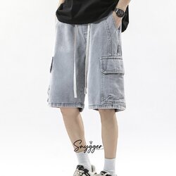 กางเกงยีนส์คาร์โก้วินเทจ เอวยืด สีเทาอ่อน