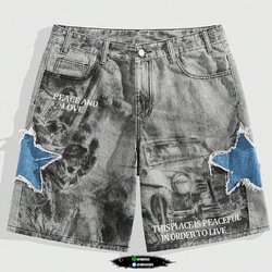 กางเกงยีนส์ขาสั้นสกรีนลาย แต่งขาด สีเทา