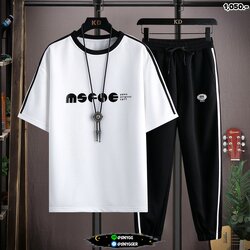 ชุดวอร์มแถบข้าง เสื้อแขนสั้น+กางเกง สีขาว