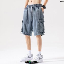 กางเกงยีนส์ขาสั้นกระเป๋าข้าง เอวผูก สียีนส์