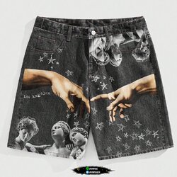 กางเกงยีนส์ขาสั้นสกรีนลาย สีดำ