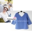 เสื้อแฟชั่นผ้าฮานาโกะ เสื้อทำงาน สีฟ้าเข้ม คอวี แขนสามส่วน แบบสวย สินค้าคุณภาพดี ราคาไม่แพง